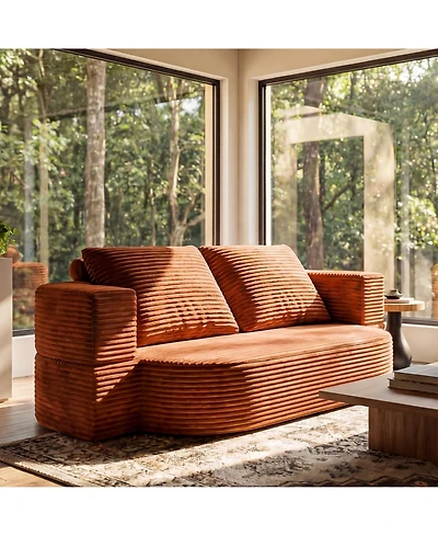 Rainsken 78.7" Convertible Curved Floor Sofa Bed, Plush Corduroy and Foam-Filled Sleeper Couch, Futon Loveseat for Living Room