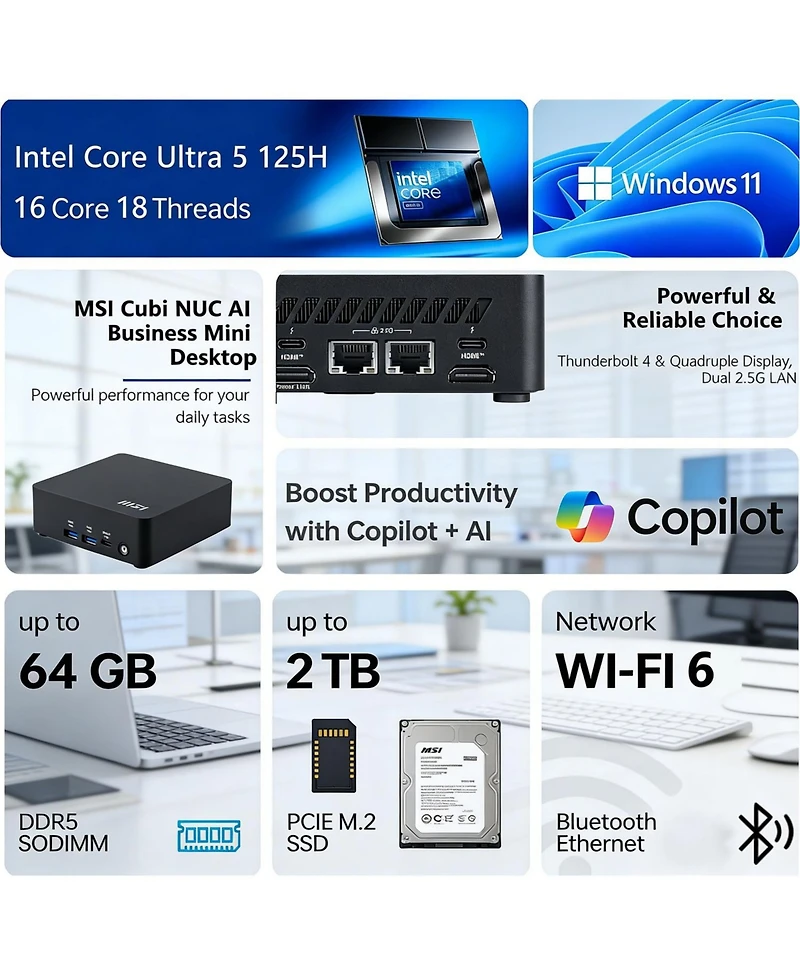 Msi Cubi Nuc Ai Mini Desktop Intel Core Ultra 5 64GB Ram Intel Graphics 2TB Ssd Storage Windows 11 Pro