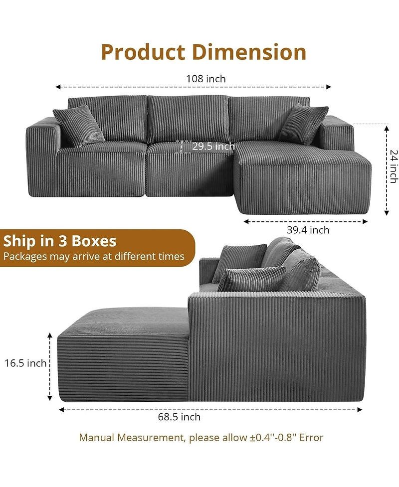 gaomon 108" Modular Sectional Sofa, Cloud Foam Sectional Couch with L-Shape Chaise/Throw Pillows/Plush Corduroy Fabric