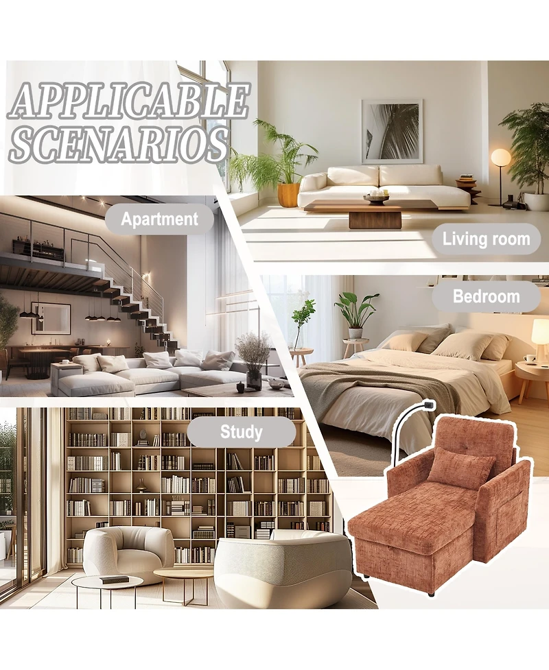 Rainsken Leisure Chenille Single Recliner Chair, Lazy Lounge Sofa with Storage, Side Pockets and Phone Holder for Living Room