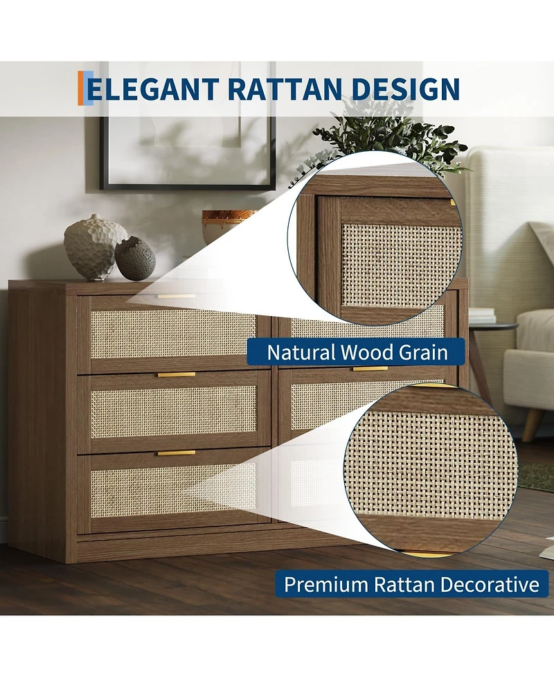 gaomon 53" Rattan Dresser - 6-Drawer Wooden Chest with Handles, Modern Storage Organizer with Smooth-Glide Drawers