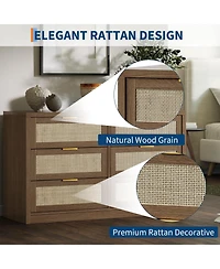 gaomon 53" Rattan Dresser - 6-Drawer Wooden Chest with Handles, Modern Storage Organizer with Smooth-Glide Drawers