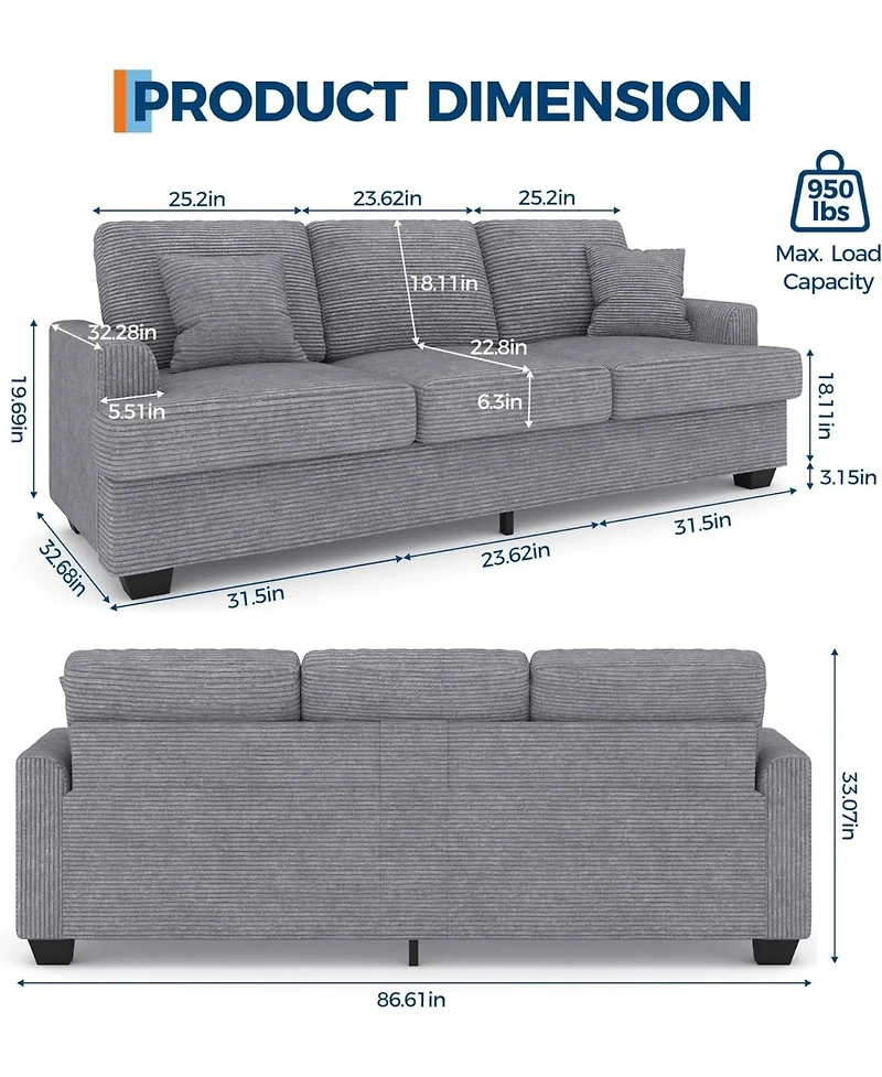gaomon Modern Sofa with 2 Throw Pillows, Deep Seat Couch Upholstered Cushion & Removable Cover