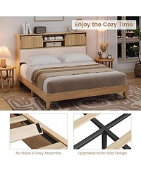 gaomon Rattan Frame with Storage Shelves and Headboard, Rattan Bed Frame with Sliding Door Shelf, Sturdy Wood Full Bed Foundation