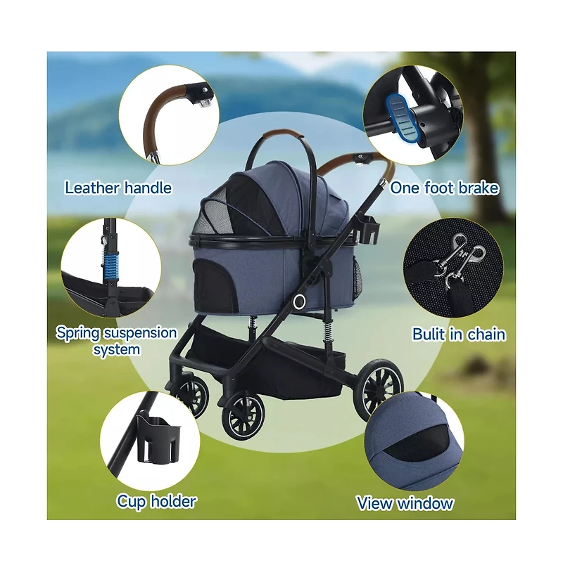 Kinder King 3-in-1 Folding Pet Stroller with Detachable Carrier for Small to Medium Dog and Cat up 50 lbs, Storage Basket, Blue