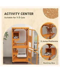 Zeus & Ruta Large Cat Haven with Elevated Sleeping Platform, 71" Wooden Frame with Asphalt Roof, Indoor/Outdoor Enclosure with Wheels