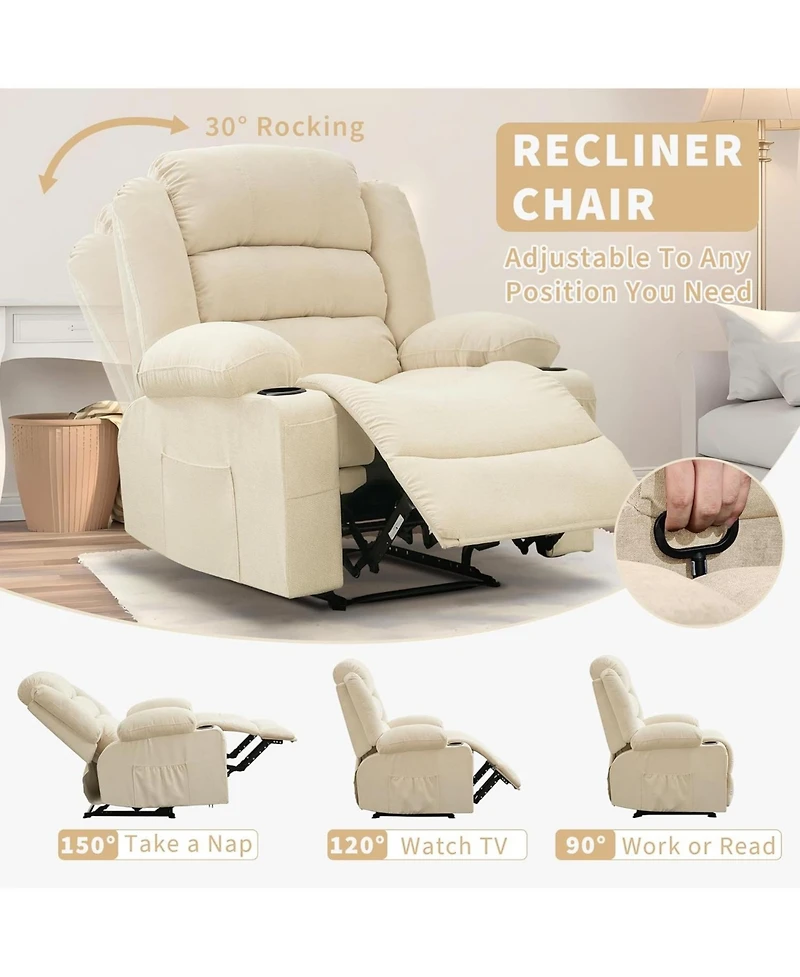gaomon Wide Rocker Recliner Chair for Adults, Manual Oversized Chairs w/Armrest, Backrest, 2 Cup Holders, Side Pocket