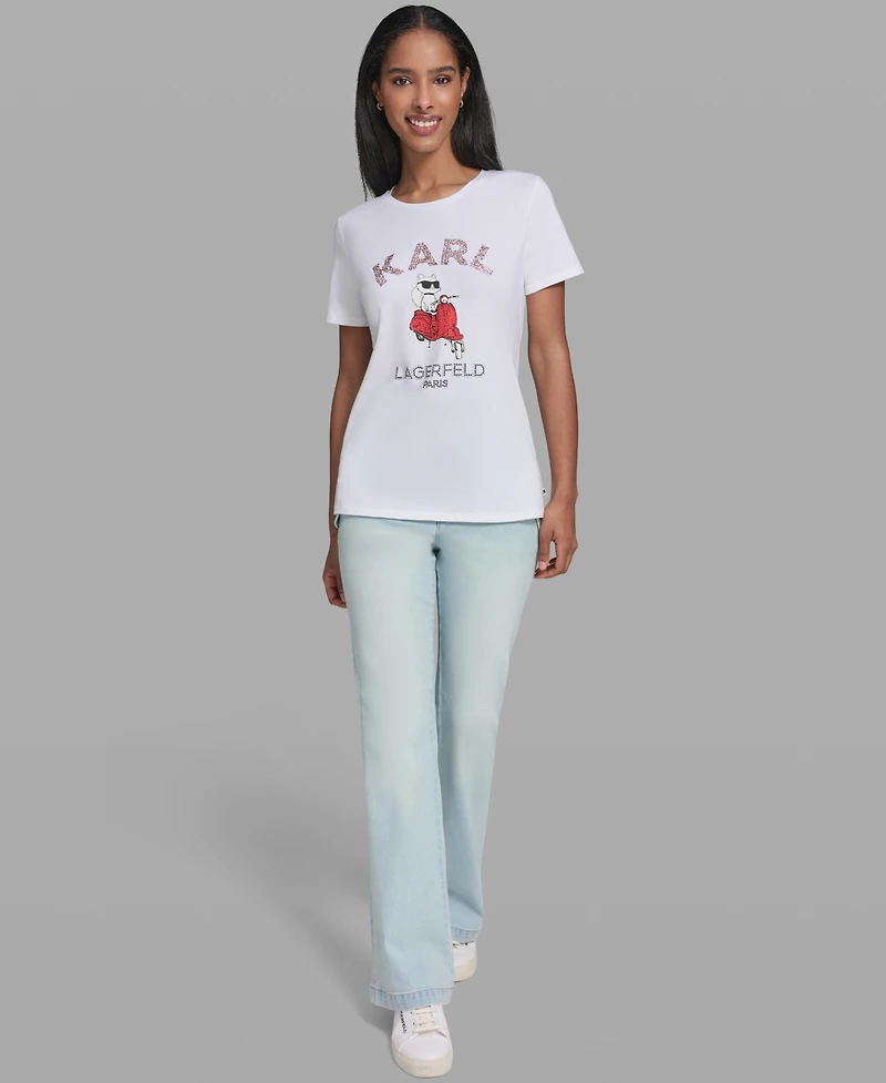 Karl Lagerfeld Paris Women's Choupette On Moped Printed Crewneck Top