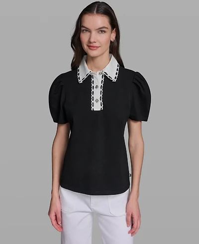 Karl Lagerfeld Paris Women's Collared Short-Sleeve Top