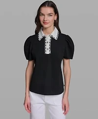 Karl Lagerfeld Paris Womens Collared Short Sleeve Top