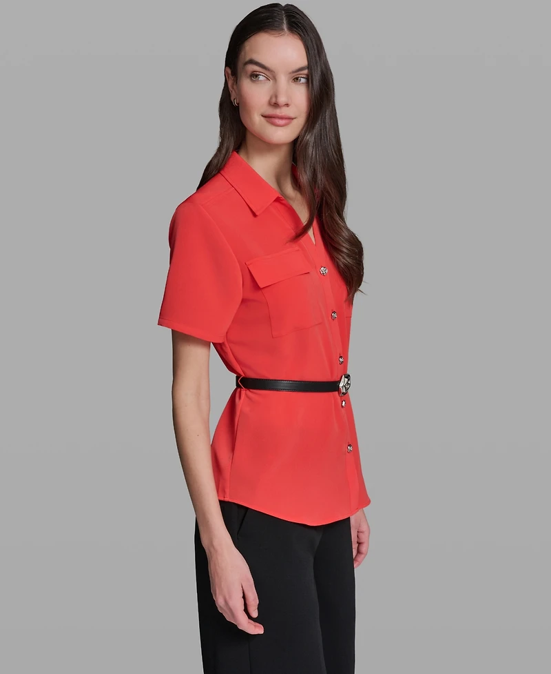 Karl Lagerfeld Paris Women's Belted Short-Sleeve Top