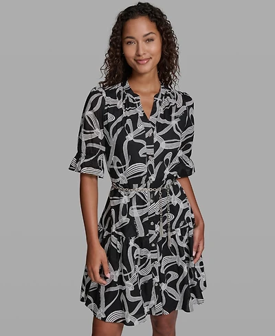 Karl Lagerfeld Paris Women's Printed Belt Collared Dress