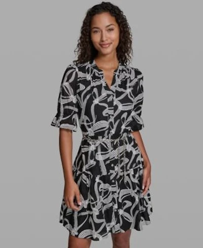 Karl Lagerfeld Paris Womens Printed Belt Collared Dress