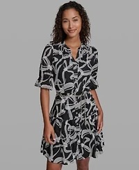 Karl Lagerfeld Paris Womens Printed Belt Collared Dress