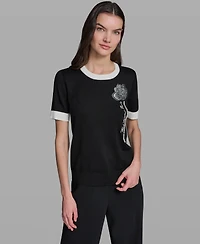 Karl Lagerfeld Paris Women's Rose Detail Crewneck Sweater