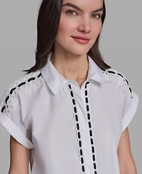 Karl Lagerfeld Paris Women's Collared Eyelet Trim Top
