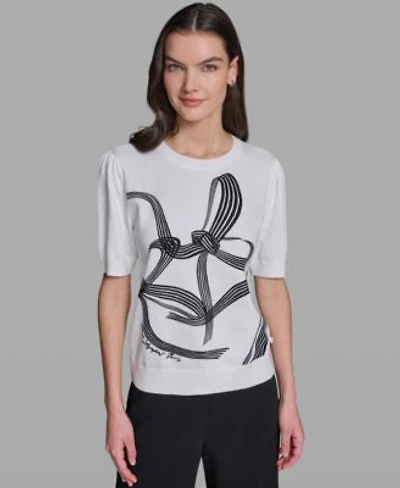 Karl Lagerfeld Paris Womens Bow Print Short Sleeve Sweater