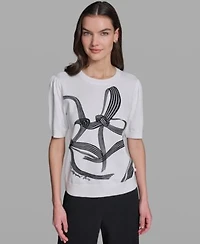 Karl Lagerfeld Paris Womens Bow Print Short Sleeve Sweater