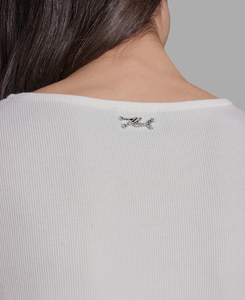 Karl Lagerfeld Paris Women's Eyelet Mix Media V-Neck Top