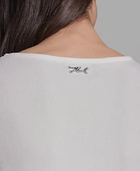 Karl Lagerfeld Paris Women's Eyelet Mix Media V-Neck Top