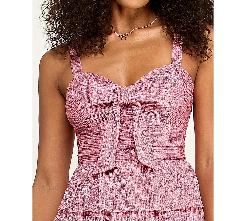 Emerald Sundae Juniors' Pleated Lurex Sweetheart Neck Dress