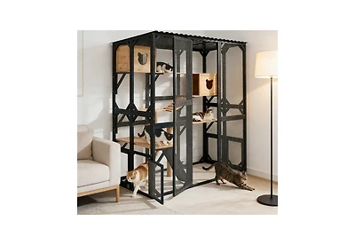 Zeus & Ruta Fir Wood Outdoor Cat Enclosure With Sleeping House Jumping Platforms And Secure Doors