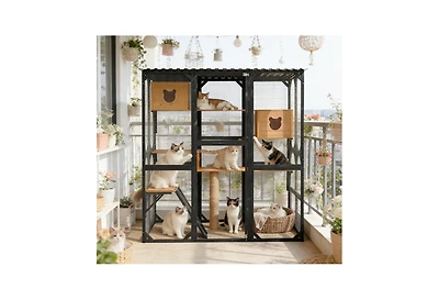 Zeus & Ruta Fir Wood Outdoor Cat Enclosure With Sleeping House Jumping Platforms And Secure Doors
