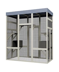 Zeus & Ruta 62.6" Outdoor Wooden Cat Enclosure with Waterproof Roof, Rust-Proof Wire, Lockable Access, Spacious Catio