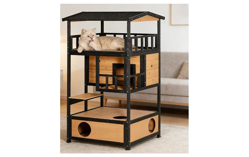 Zeus & Ruta Outdoor Multi-Cat Haven with Solid Wood, Asphalt Roof, Escape Doors, Condo Platform, Elevated Design