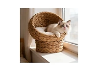 Zeus & Ruta Handwoven Cat Retreat: Elevated Bed with Soft Cushion and Egg-Shaped Design, Wicker Frame with Stand
