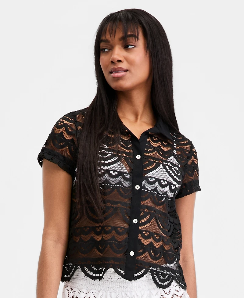 Miken Women's Crochet Swim Cover Up Camp Shirt, Macy's Exclusive