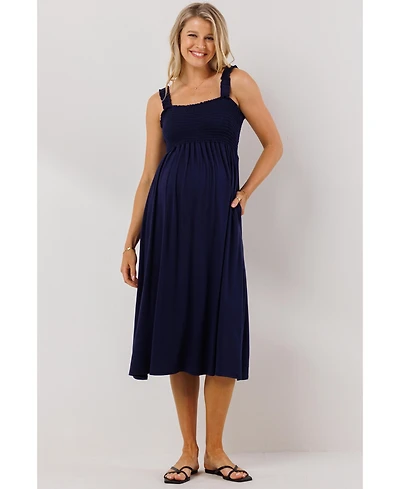 Hello Miz Maternity Smocked Bodice Sleeveless Dress with Ruffle Straps
