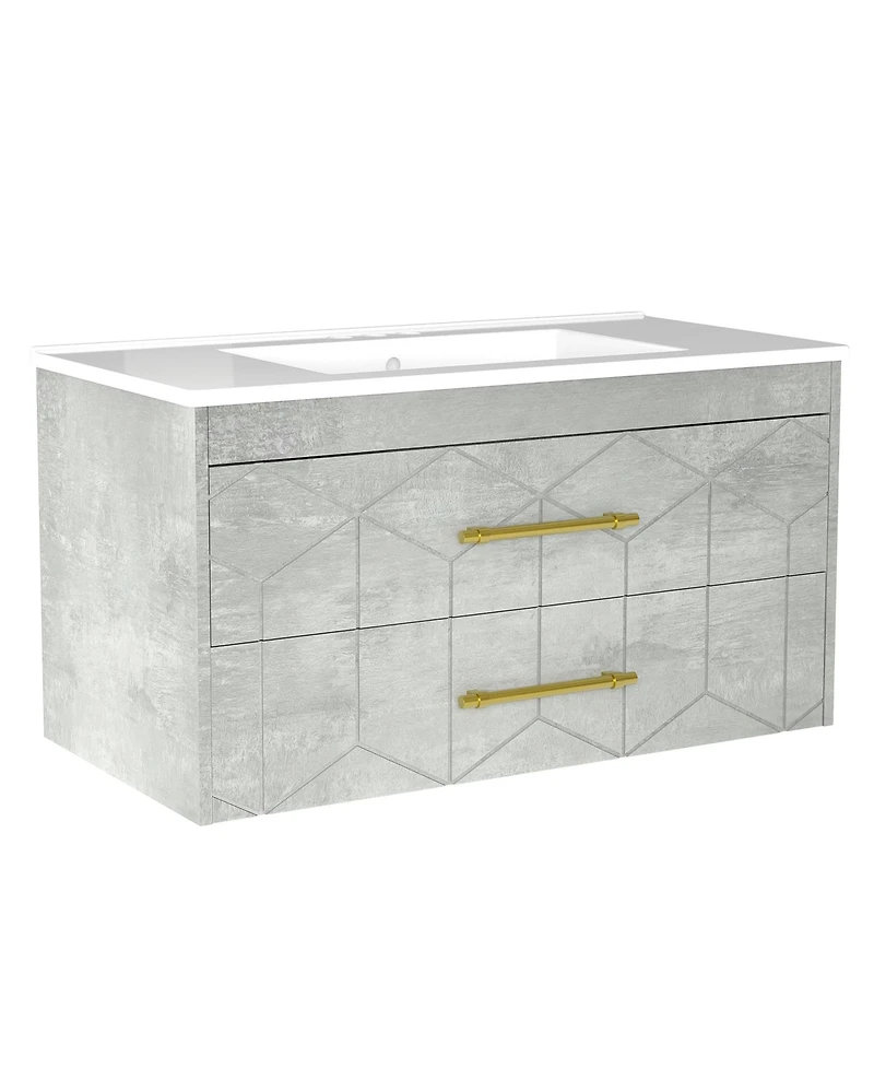 homfan Bathroom Cabinet with Sink Combo, Floating Vanity Ceramic Basin, 2 Large Drawers Gold Handle, Soft-Close Design