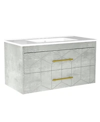 homfan Bathroom Cabinet with Sink Combo, Floating Vanity Ceramic Basin, 2 Large Drawers Gold Handle, Soft-Close Design