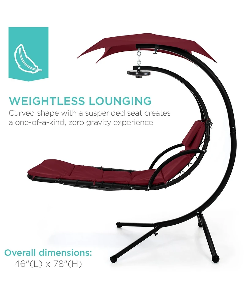 Best Choice Products Hanging Led-Lit Curved Chaise Lounge Chair for Backyard, Patio w/ Pillow, Canopy, Stand