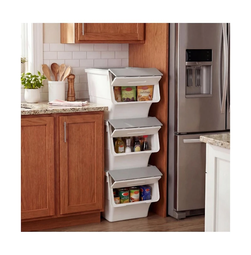 Gouun 3 Pieces Storage Bins on Wheels Stackable Plastic Boxes with Stay-Open Lid Medium