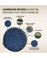 Wicker Village Round Rattan Serving Tray with Handles | Handmade Woven Cane Basket for Coffee Table Large 18x18 Navy Blue