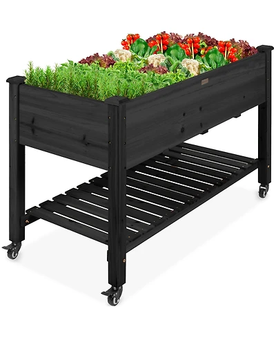 Best Choice Products Raised Garden Bed 48x23x32in Wood Mobile Elevated Planter w/ Wheel Locks, Shelf, Liner