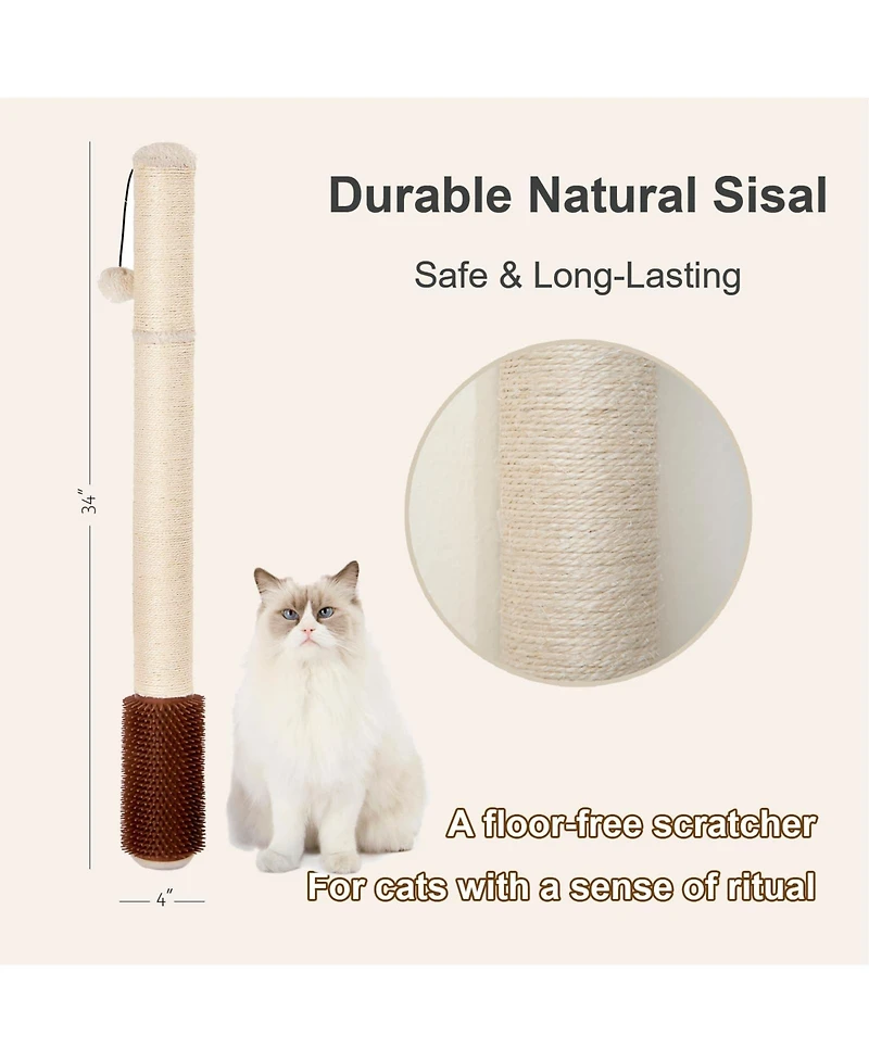 Aronkl Wall Mounted Cat Scratcher 35" Extra-Tall Vertical Sisal Large Cats Space-Saving Hanging Ball Cactus Design