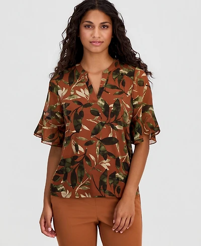 Anne Klein Essentials Petite Printed Ruffle-Sleeve Top