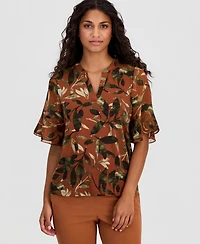 Anne Klein Essentials Petite Printed Ruffle-Sleeve Top
