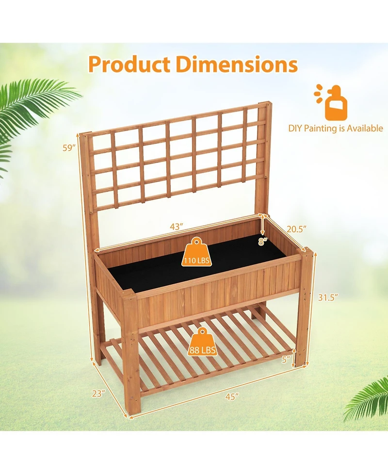 Gouun Fir Wood Raised Garden Bed with Trellis and Storage Shelf, 45 x 23 x 59 in Elevated Planter