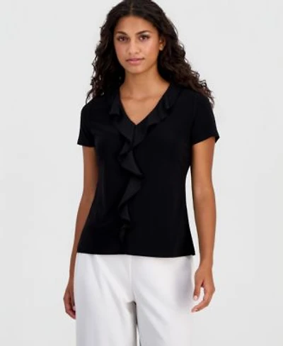 Anne Klein Essentials Womens Ruffle Trim V Neck Top