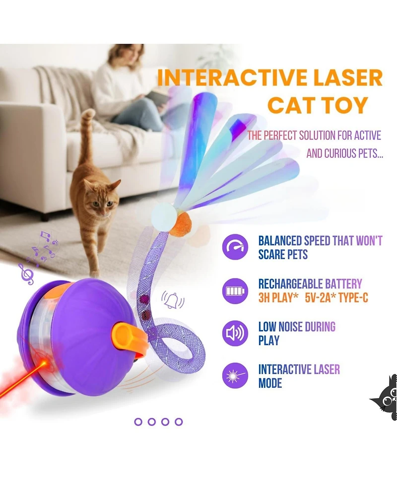 Aronkl Automatic 4in1 Interactive Cat Toy Rechargeable with 3 Tails Laser Motion Activated for Indoor Cats Kittens Adults