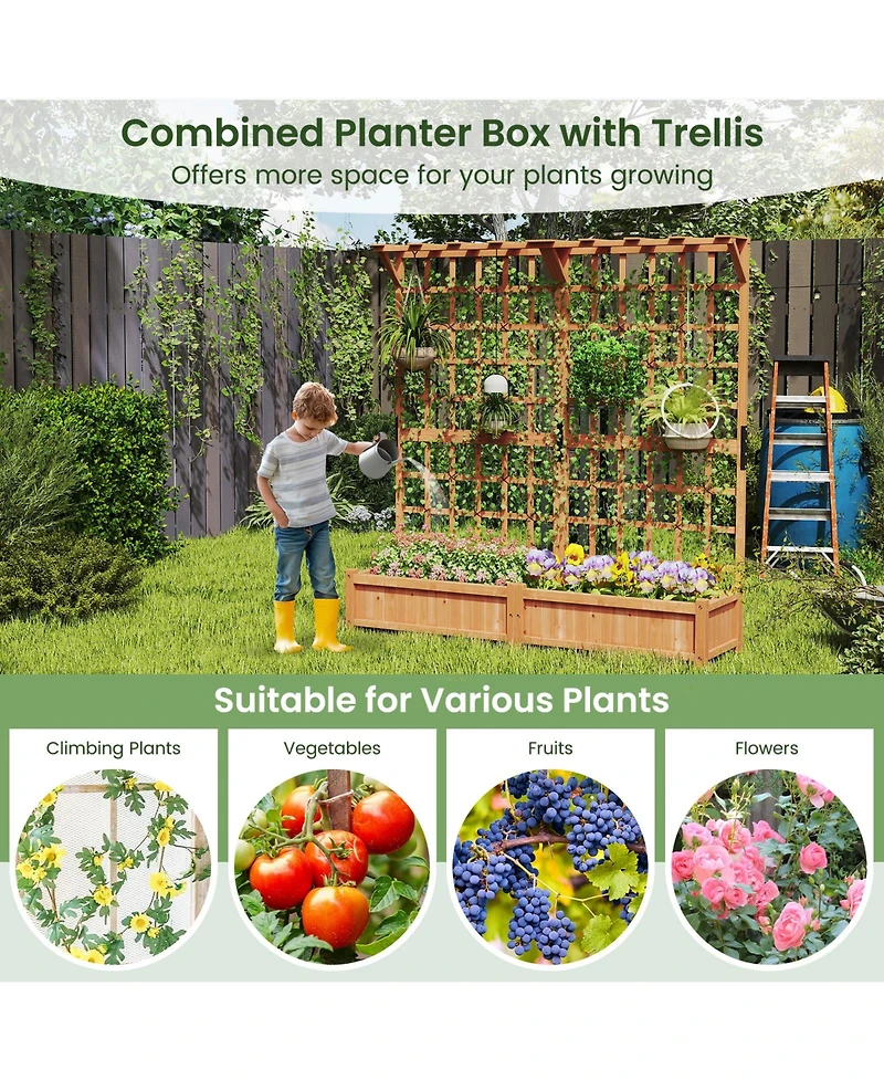 Gouun 71 in Wooden Planter with Trellis and Hanging Roof, 3-in-1 Fir Wood Garden Station