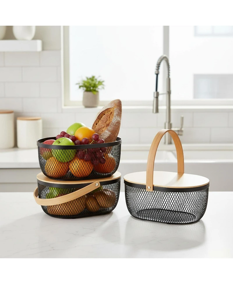 Yigii 4 Stackable Metal Mesh Fruit Baskets With Lids Oval Wire Storage Handles Pantry Organizer For Kitchen Vegetables