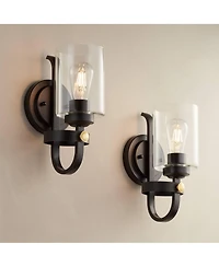 Franklin Iron Works Eagleton Farmhouse Rustic Wall Light Sconces Set of 2 Oil Rubbed Bronze Hardwire 5 1/2" Led Fixture for Vanity