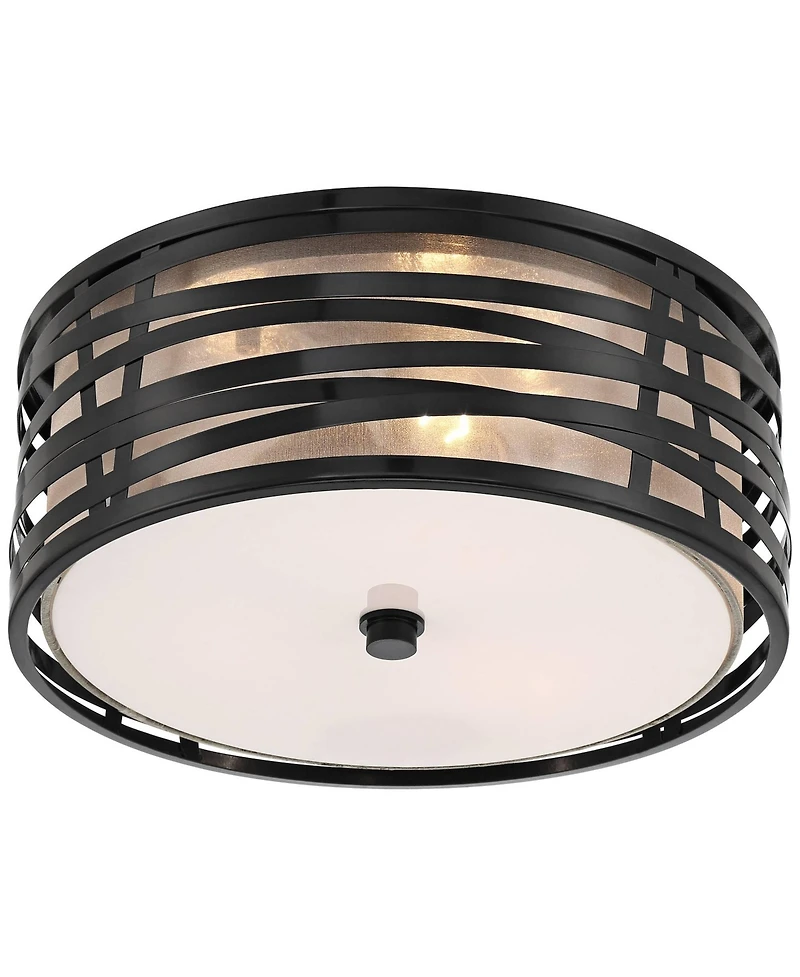 Possini Euro Design Cassia Modern Industrial Ceiling Light Flush Mount Fixture 15" Gloss Black 3-Light Champagne Shade for Bedroom House