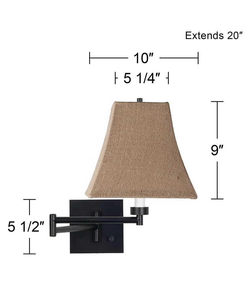 Franklin Iron Works Modern Swing Arm Wall Lamp Espresso Plug-In Light Fixture Natural Burlap Square Shade Bedroom Bedside Reading