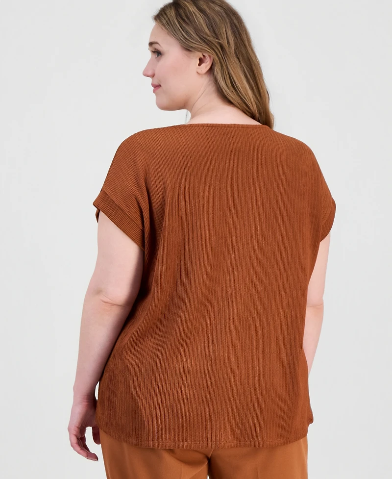 Anne Klein Plus Ribbed Knit Cap Sleeve Top